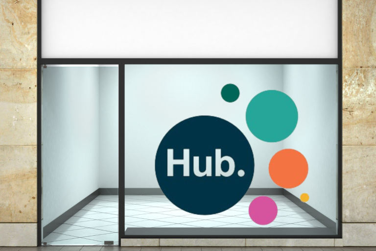 Shop window with Hub logo motive on window