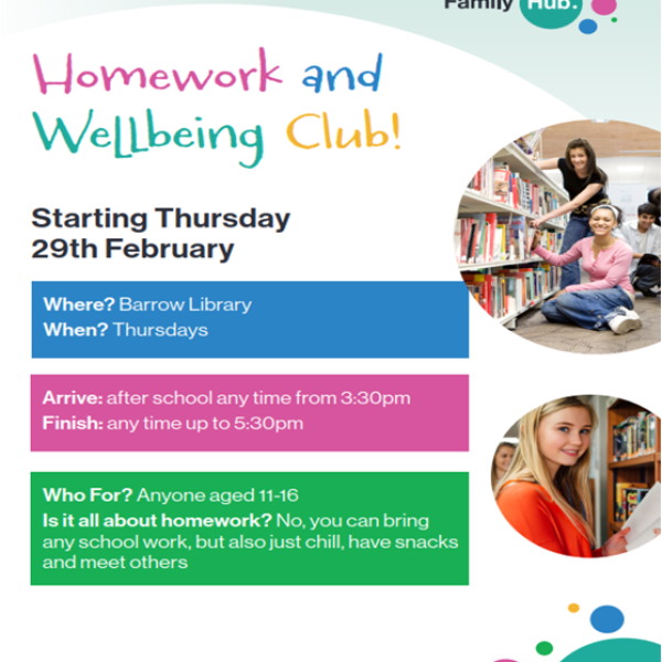 For anyone aged 11 - 16. At Barrow Library after school anytime from 3:30pm